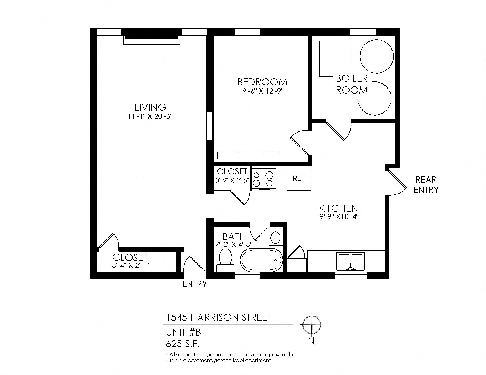 Floor plan for 1 bed, 1 bath, 625 sqft